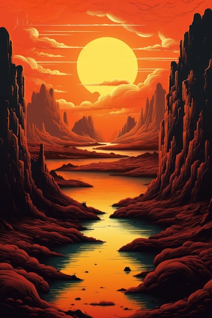 Una pintura de un río con una puesta de sol de fondo.