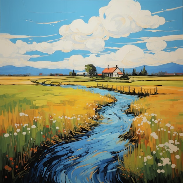 pintura de un río que corre a través de un campo con una casa en la distancia generativo ai