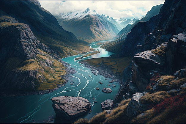 Una pintura de un río que fluye a través de un valle con montañas al fondo.