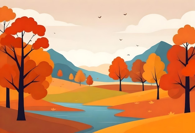 una pintura de un río con un río y árboles con un río Y montañas en el fondo