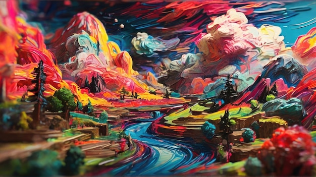 una pintura de un río con un río corriendo a través de él