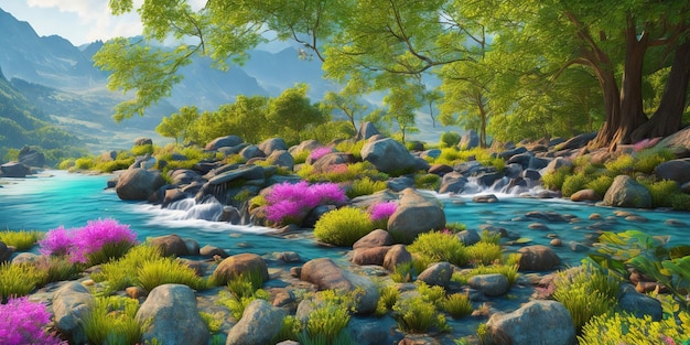 Una pintura de un río con rocas y flores.