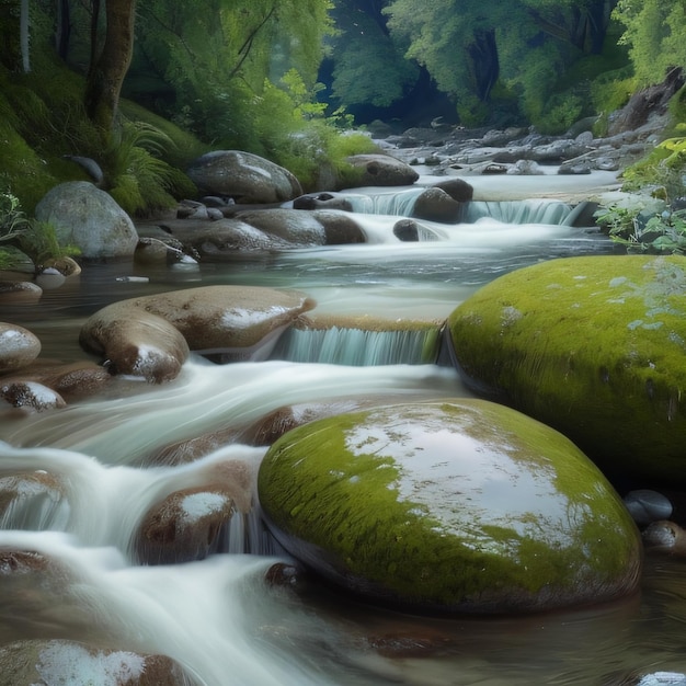 Una pintura de un río con rocas y musgo.