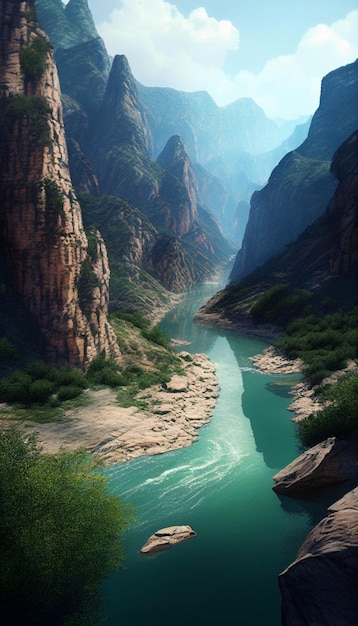 Pintura de un río rodeado de montañas ai generativo.