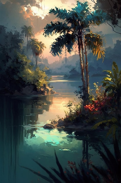 Una pintura de un río tropical con palmeras y el sol brillando sobre el agua.