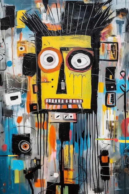 Una pintura de un robot amarillo con una cara negra y una cara amarilla.