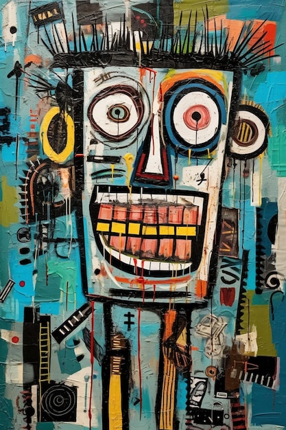 Una pintura de un robot con una cara y un ojo rojo.