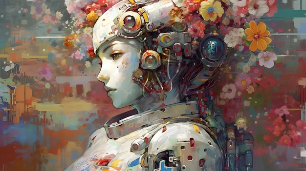 Una pintura de un robot con flores.