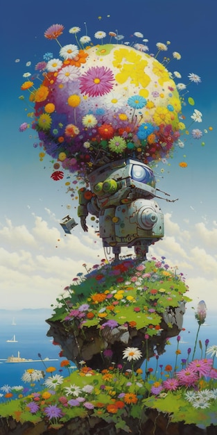 Una pintura de un robot con globos.