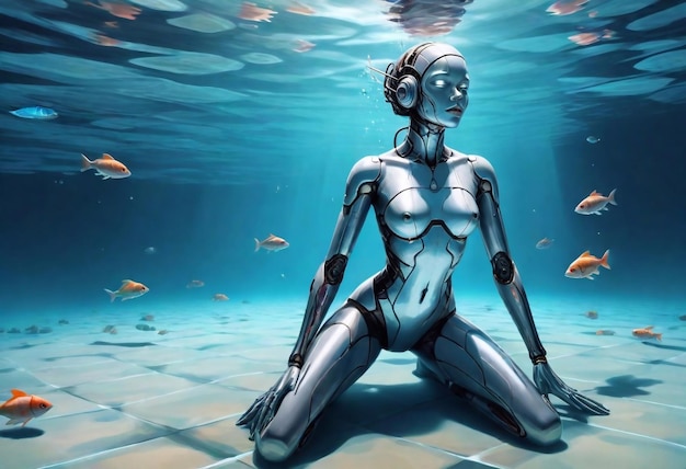 una pintura de una robot hembra sentada en el agua con peces nadando a su alrededor