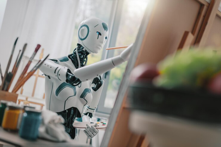 Foto pintura de robot de ia en el estudio de arte