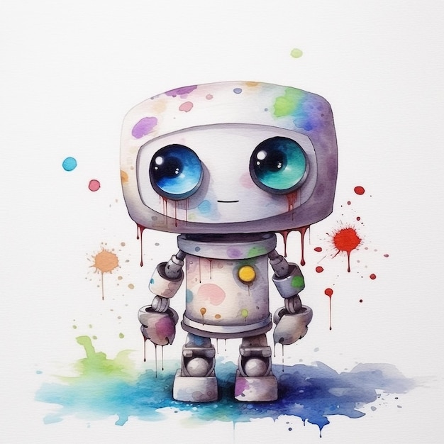 Una pintura de un robot con ojos azules y una sonrisa en su rostro.