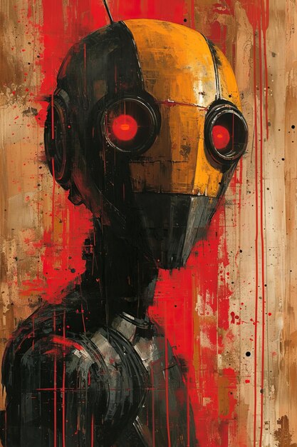 una pintura de un robot con ojos rojos