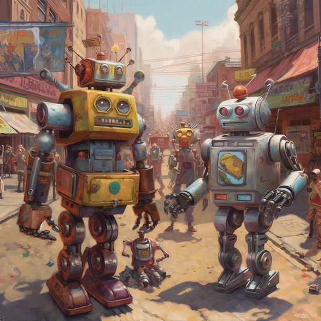 Una pintura de robots en una calle concurrida con un letrero que dice robot.