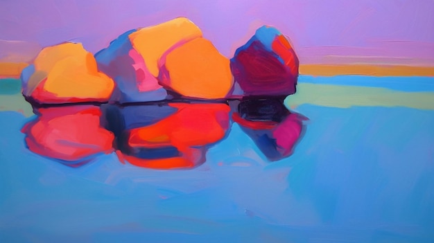 Una pintura de rocas en un océano azul con un cielo violeta de fondo.