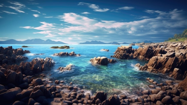 Una pintura de rocas en el océano con un cielo azul y nubes en el fondo.