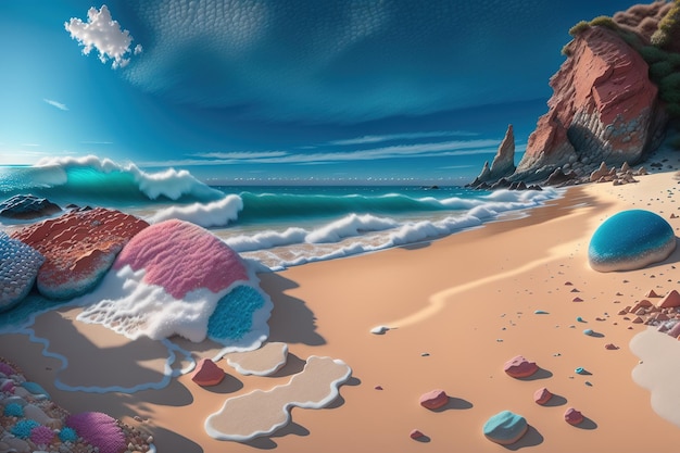 Una pintura de rocas en una playa con el océano al fondo.