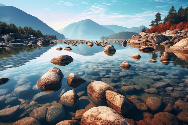 Una pintura de rocas en un río con una montaña al fondo.