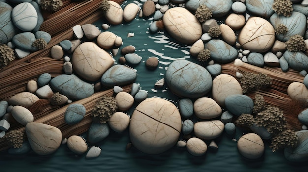 Una pintura de rocas y un tronco en el agua.