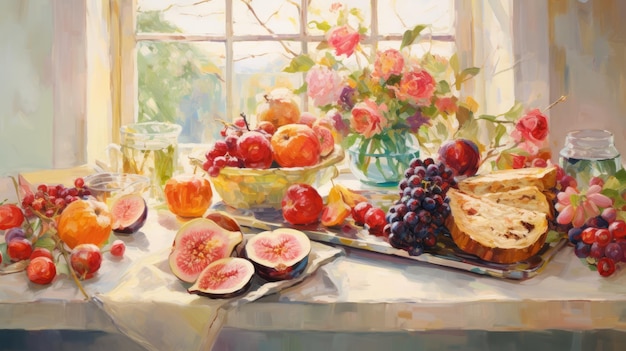 Pintura romântica de naturezas mortas de frutas junto a uma janela