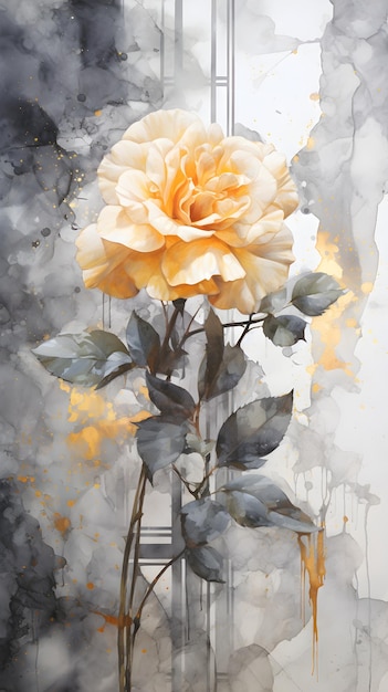 una pintura de una rosa amarilla en un jarrón Pintura de acuarela de una flor de color carbón Perfecto para