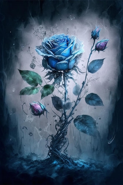 Pintura de una rosa azul en un florero de vidrio ai generativo