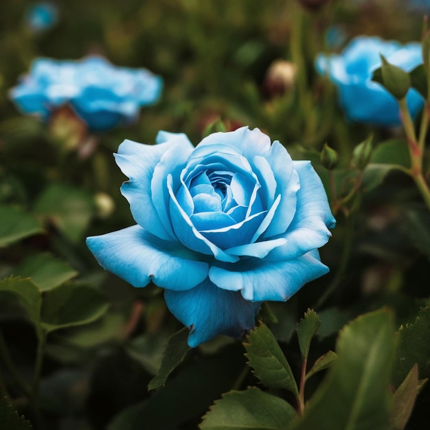 Foto una pintura de una rosa azul con hojas y una rosa azul