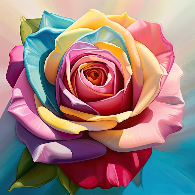 Una pintura de una rosa con los colores del arco iris.