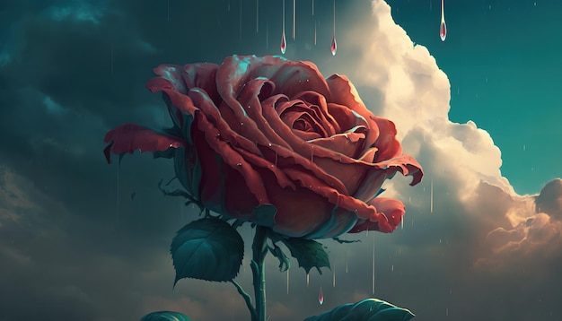 Una pintura de una rosa con la lluvia cayendo sobre ella.