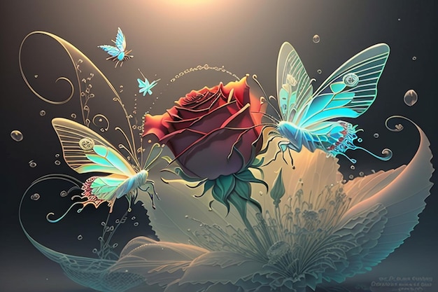 Una pintura de una rosa con mariposas.