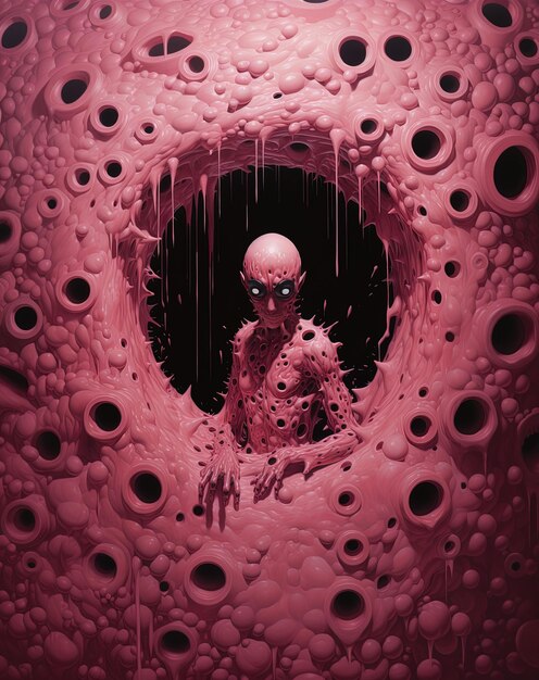 una pintura rosa y púrpura de un humano con un fondo rosa con agujeros y agujeros