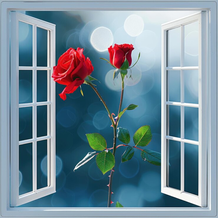una pintura de una rosa roja con la ventana abierta