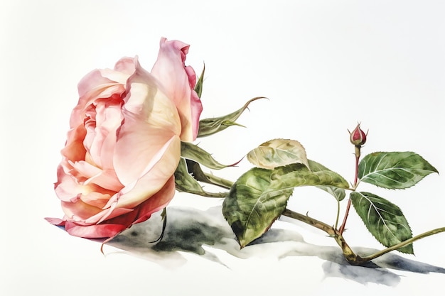 Una pintura de una rosa rosa con un capullo.