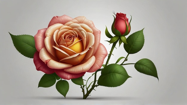 una pintura de una rosa rosa con hojas verdes y una rosa rosa