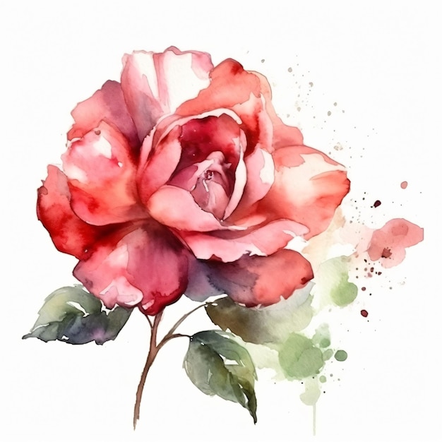 Una pintura de una rosa rosa con hojas verdes.