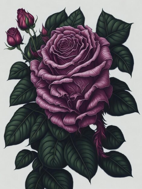 Foto una pintura de una rosa rosada con hojas verdes