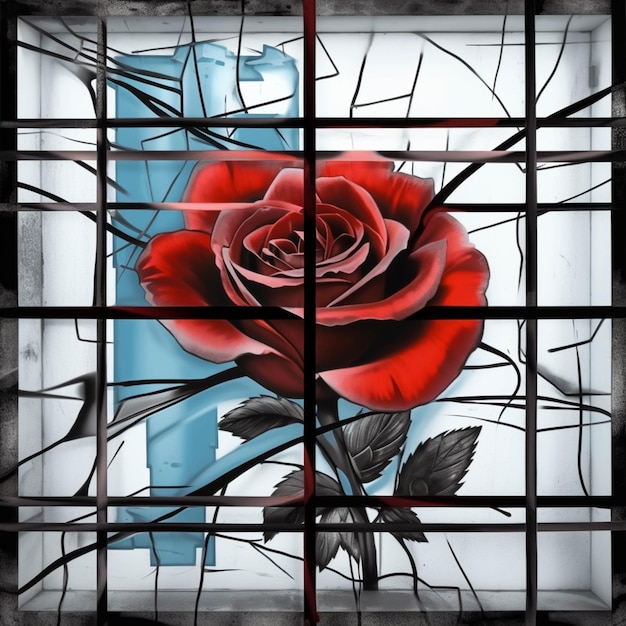 Pintura de una rosa en una ventana con un jarrón azul ai generativo