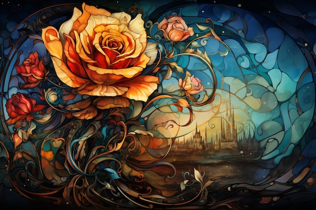 pintura de una rosa en una vidriera con una ciudad en el fondo generativo ai
