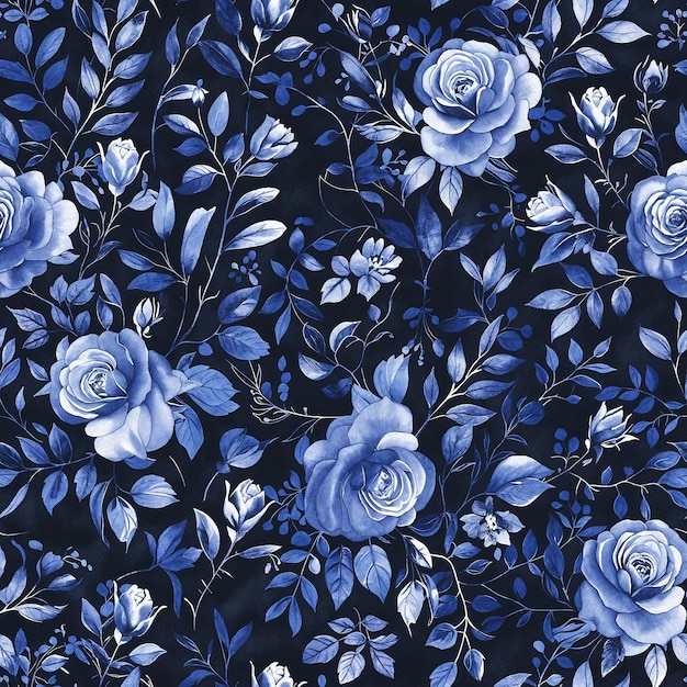 una pintura de rosas azules y blancas
