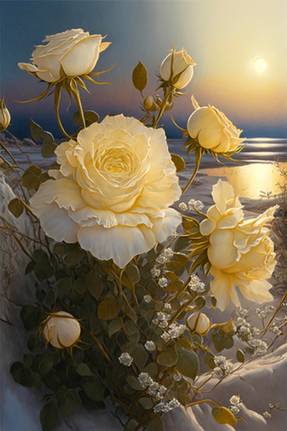 Pintura de unas rosas blancas por el agua generativa ai.