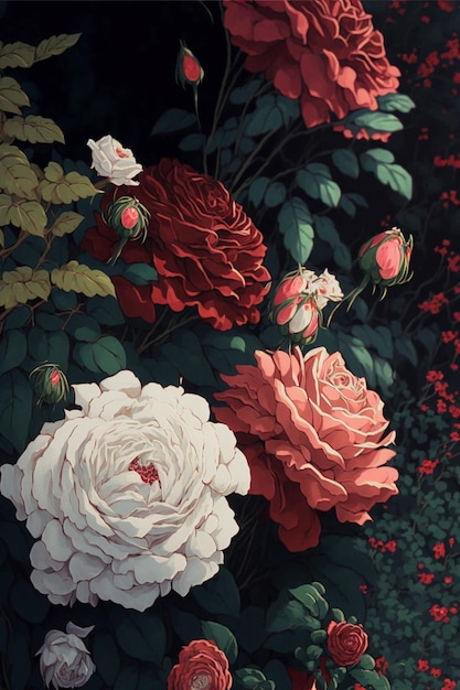 Pintura de rosas rojas y blancas sobre un fondo negro ai generativo