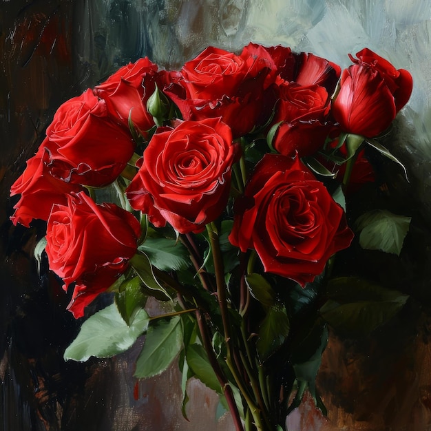 Pintura de rosas rojas en un jarrón