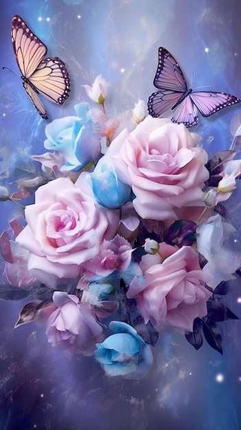Una pintura de rosas rosadas con mariposas.