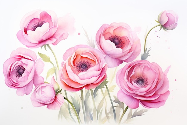 Una pintura de rosas rosadas por peonía y el artista.