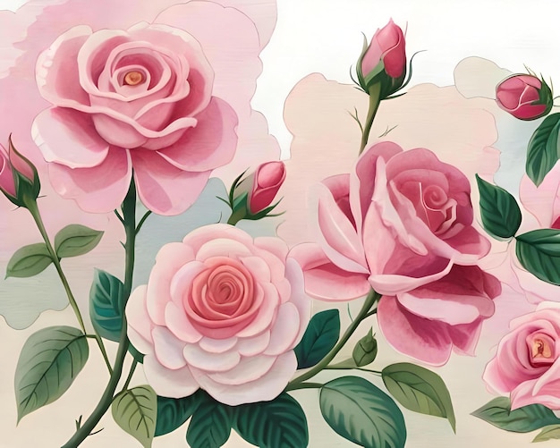 una pintura de rosas rosadas sobre un fondo blanco generada por ai