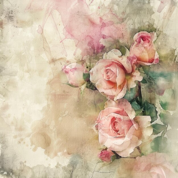 una pintura de rosas rosas con un fondo verde y rosa