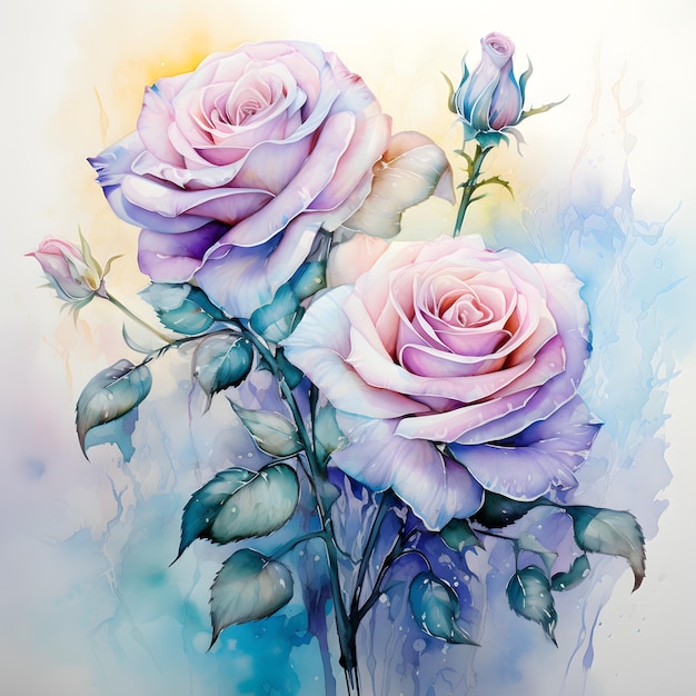 una pintura de rosas rosas con hojas verdes y acuarelas azules