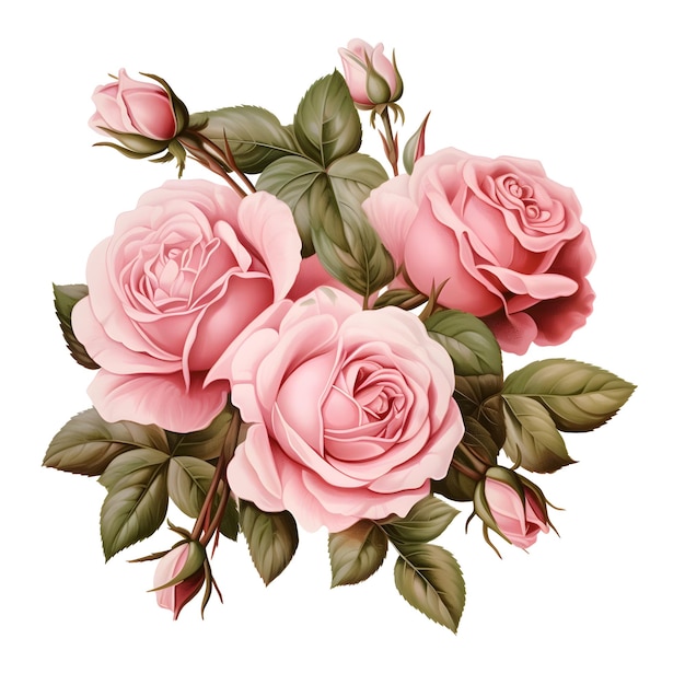 una pintura de rosas rosas con hojas verdes y hojas verdes