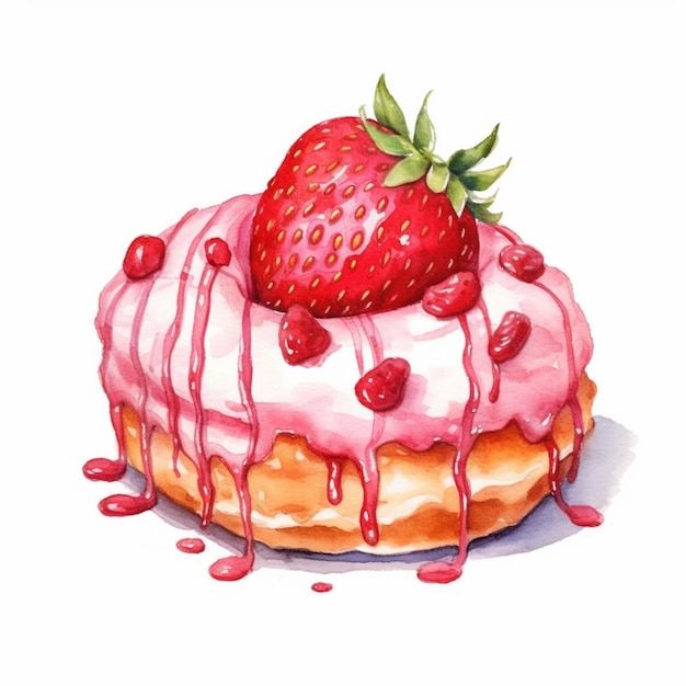 Pintura de una rosquilla cubierta de fresa con glaseado y una fresa en la parte superior
