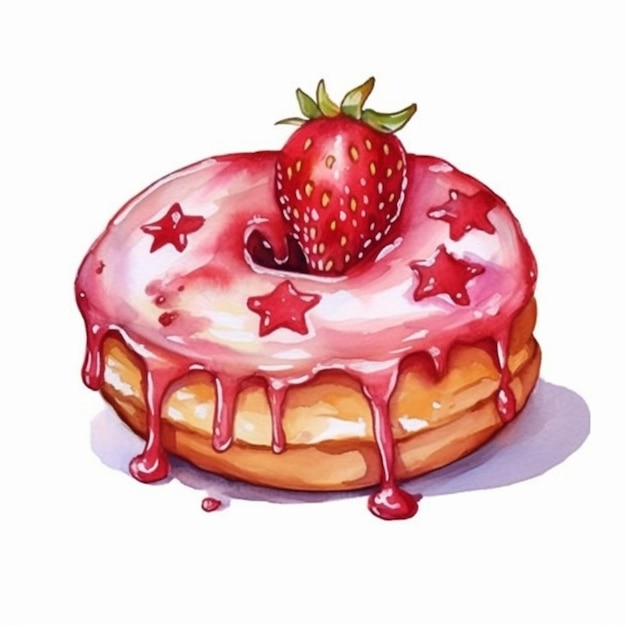 Pintura de una rosquilla de fresa con glaseado y una fresa en la parte superior